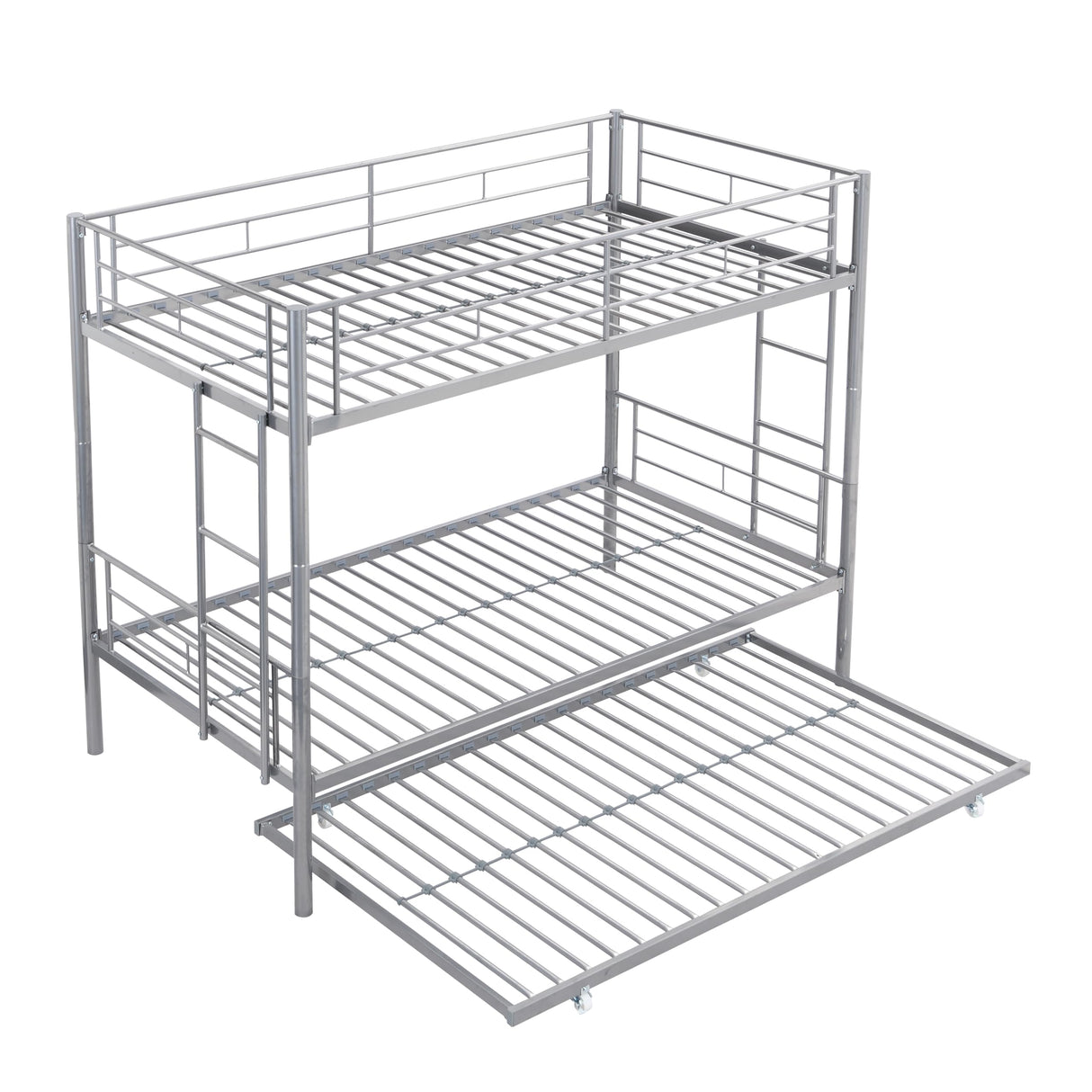 Twin Size Bunk Bed with Safety Guardrail, 2 Side Ladders, Trundle