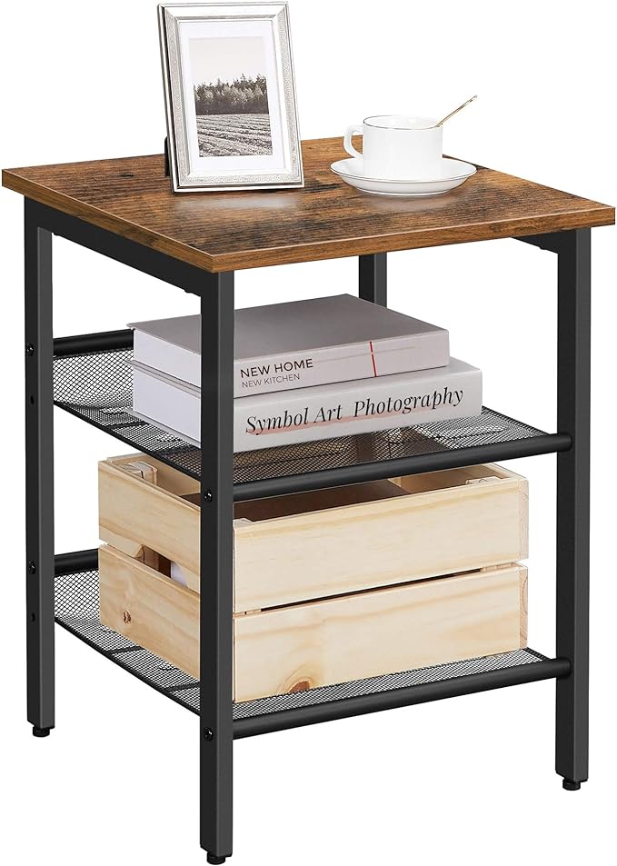 INDESTIC End Table, Nightstand with 2 Adjustable Mesh Shelves, Stable Metal Frame