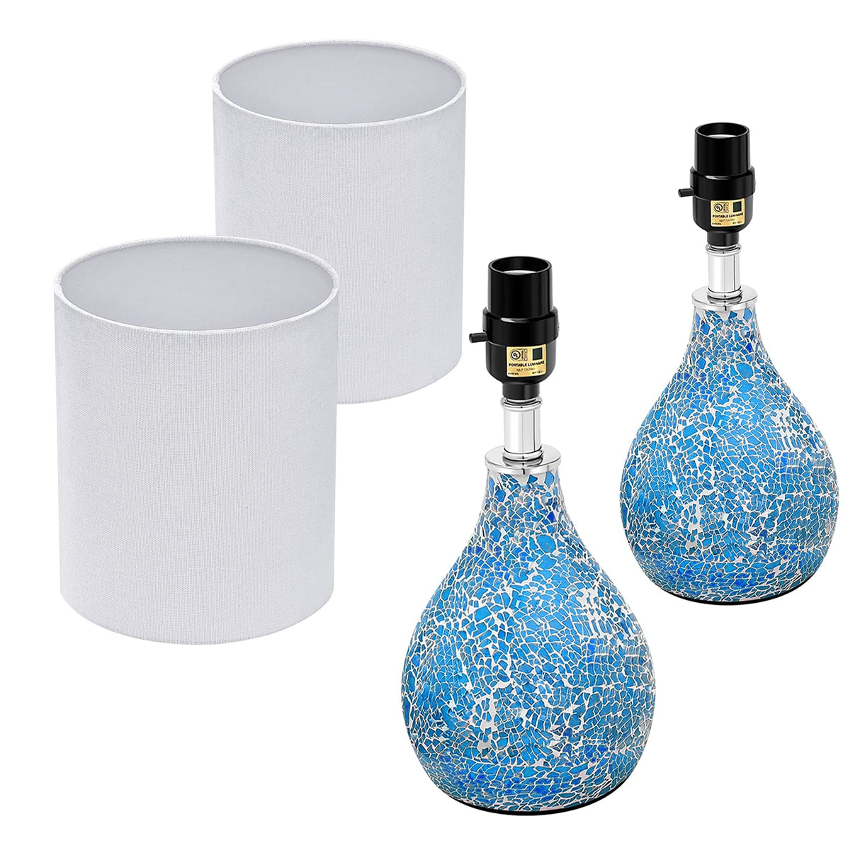 Modern Table Lamps Set of 2, Blue Gourd Design Mosaic Tiled Glass 17.5" Bedside Lamp,