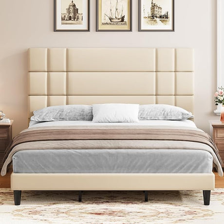 Queen Size Bed Frame Linen Fabric Upholstered Platform with Headboard and Strong