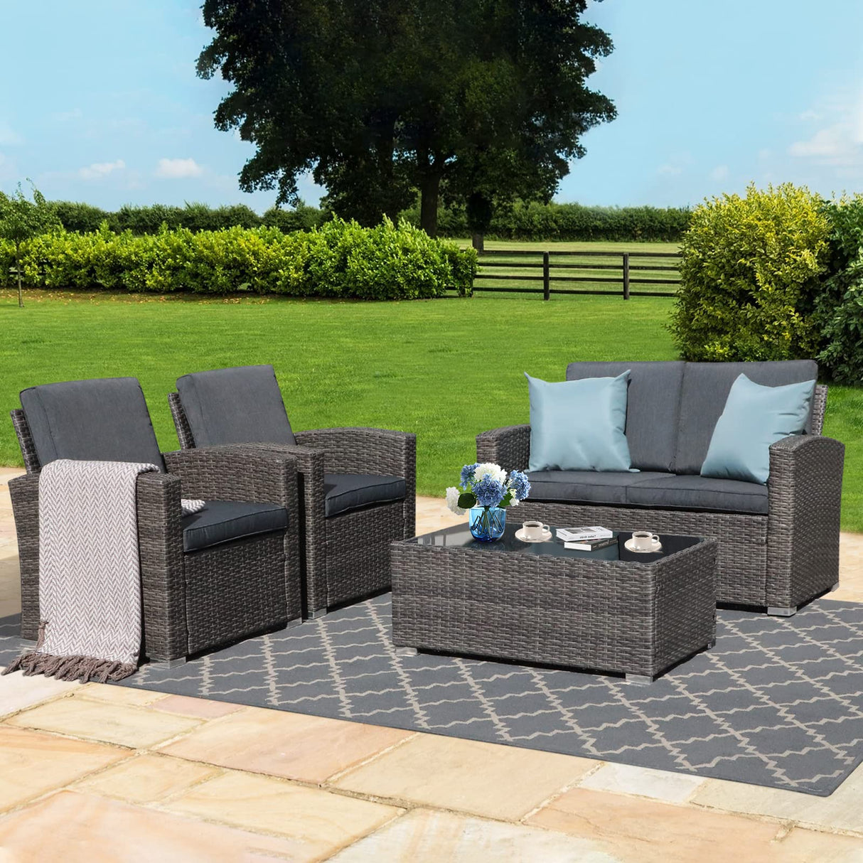 4 Piece Patio Conversation Set,All Weather Rattan Wicker Patio Furniture Set