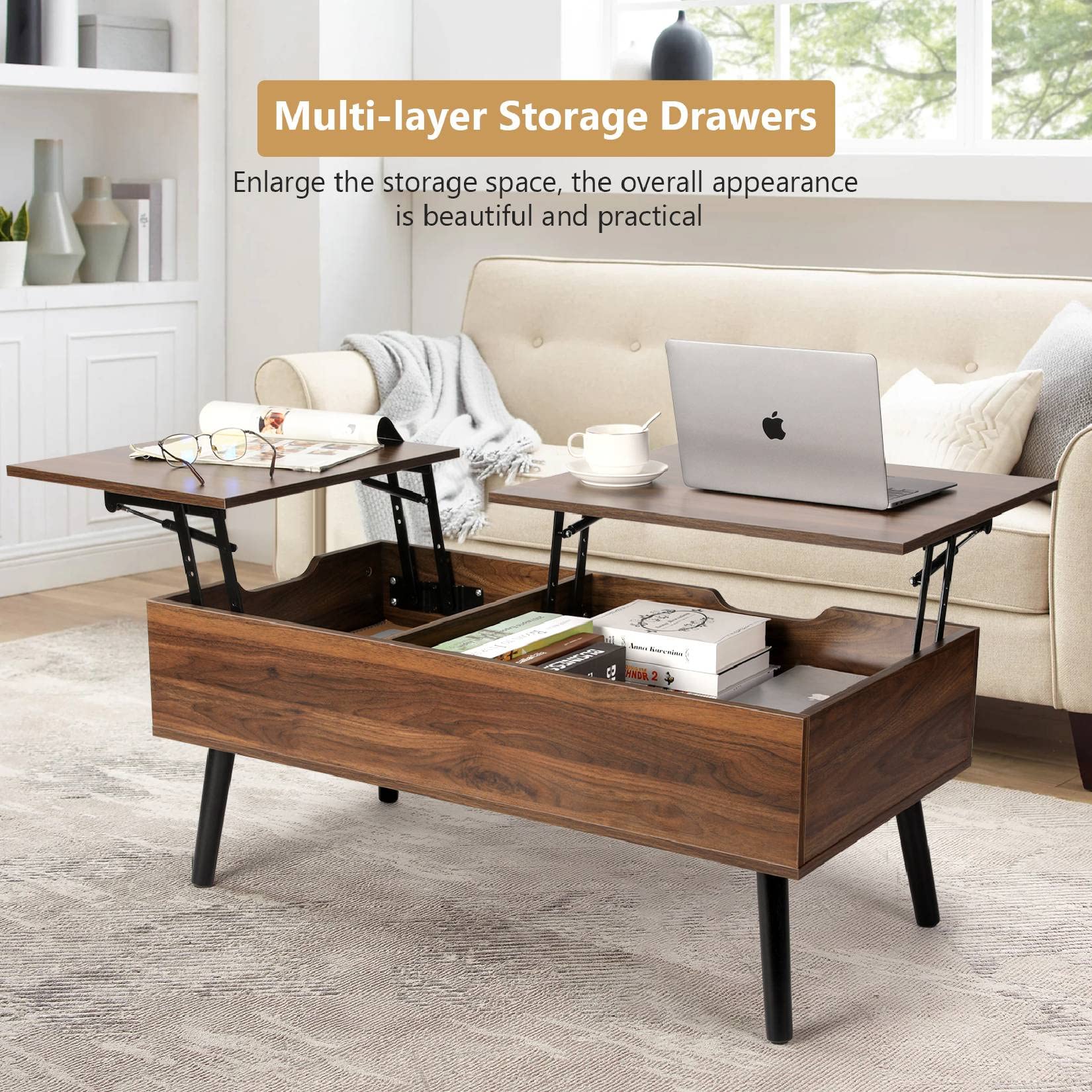 Coffee Table, Lift Top Coffee Table with Separate and Hidden Storage Compartment