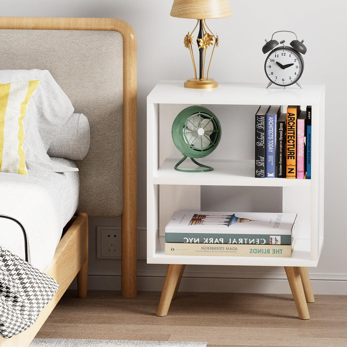 Night Stand, White Kids Nightstand, Modern End Table with Open Storage