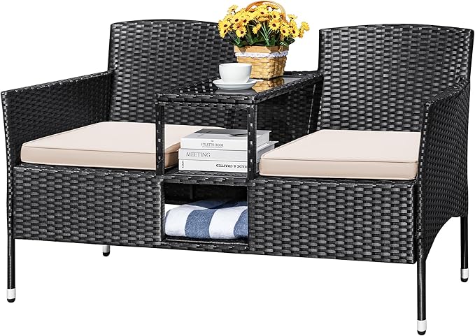 Devoko Outdoor Patio Loveseat Modern Rattan 2-Seat Patio Conversation Set with Cushions & Built-in Coffee Table Porch Furniture for Garden Lawn Backyard (Grey)