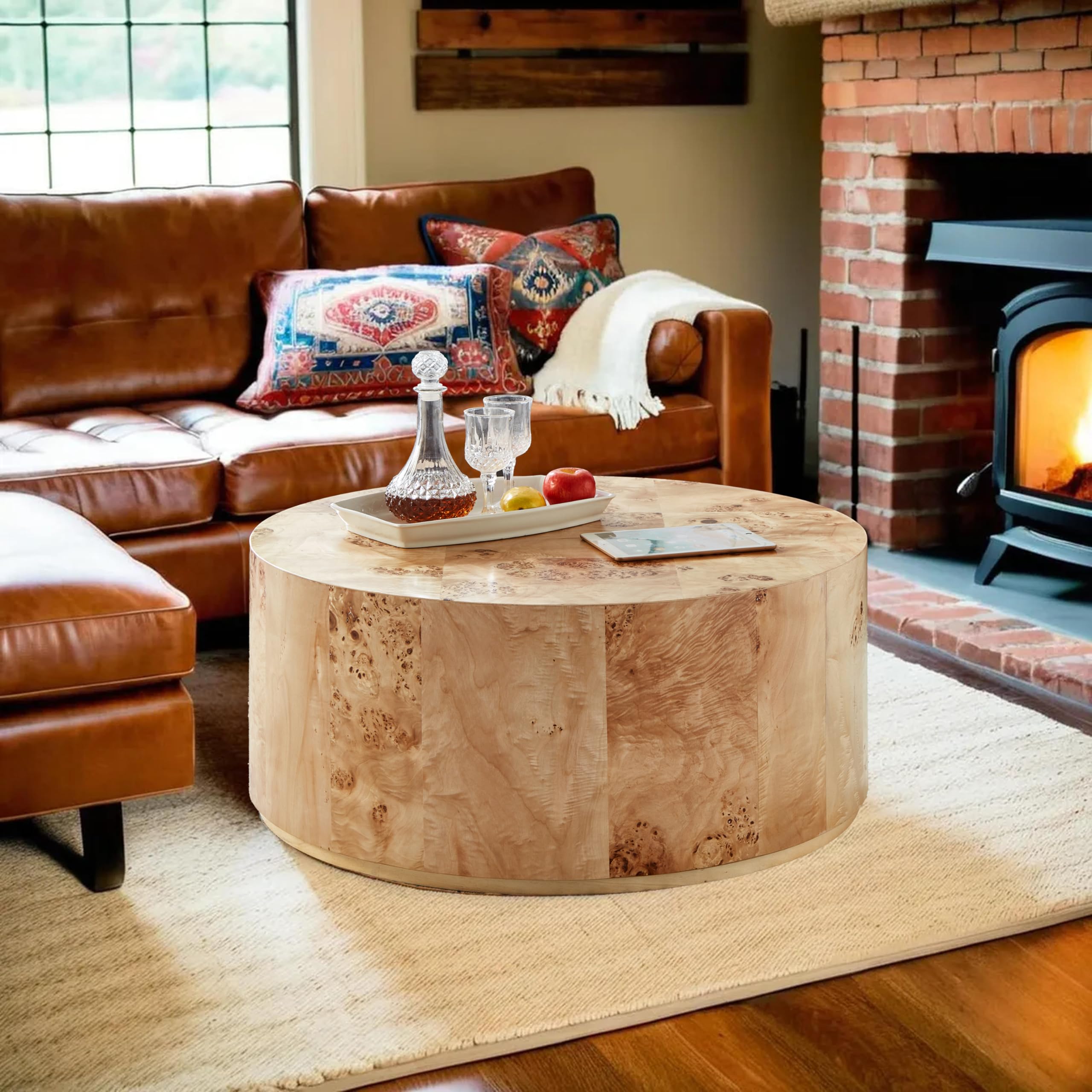 35" Round Wood Coffee Table for Living Room, Farmhouse Circle Bucket Shaped