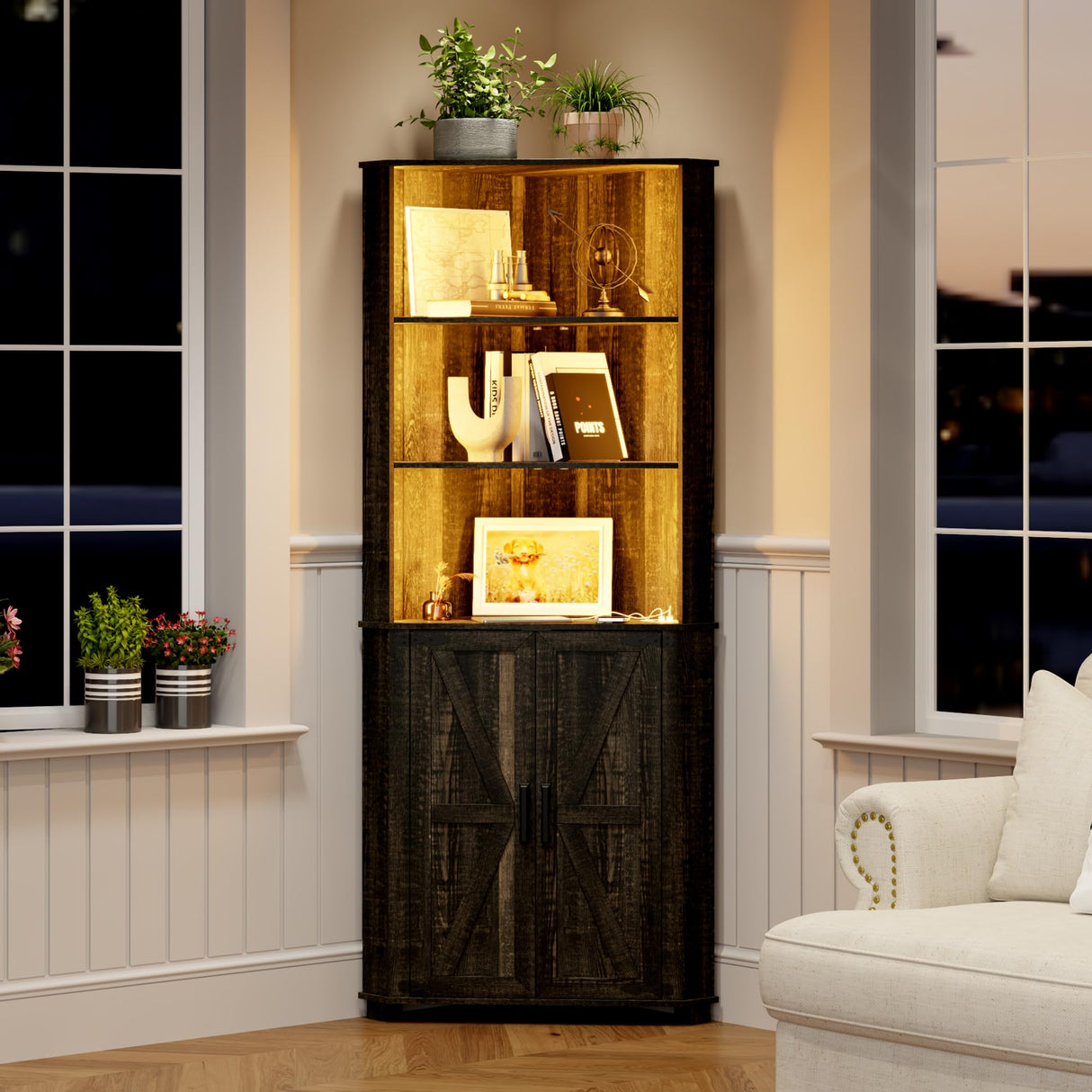 Farmhouse Corner Cabinet with LED Light, 67" Tall Bathroom Cabinet with 2 Doors and 3