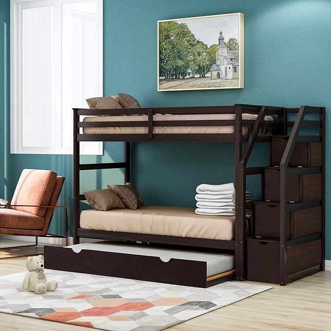 Twin Bunk Beds, Premium Wood Twin Over Twin Bunk Bed Frame with Trundle and Storage Stairs