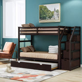 Twin Bunk Beds, Premium Wood Twin Over Twin Bunk Bed Frame with Trundle and Storage Stairs