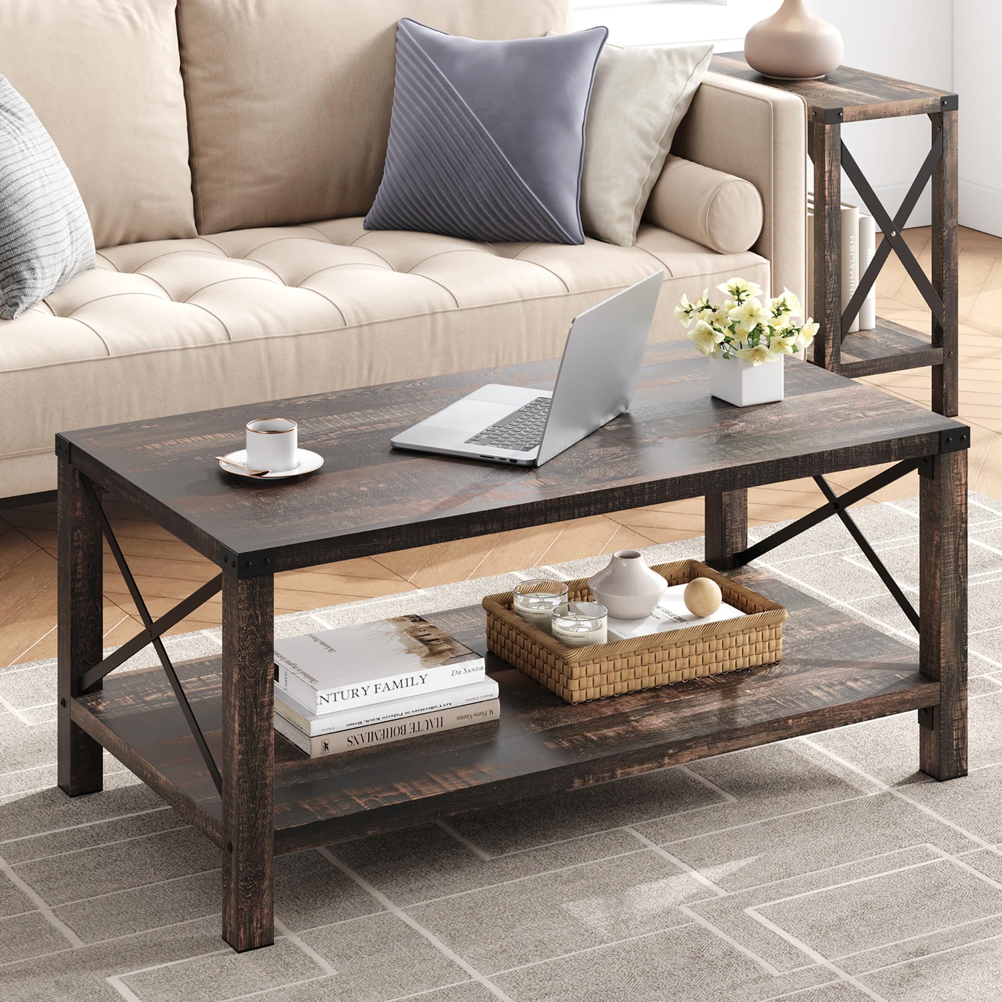 Farmhouse Coffee Table 2-Tier Rustic Center Table Living Room Rectangle Cocktail Table