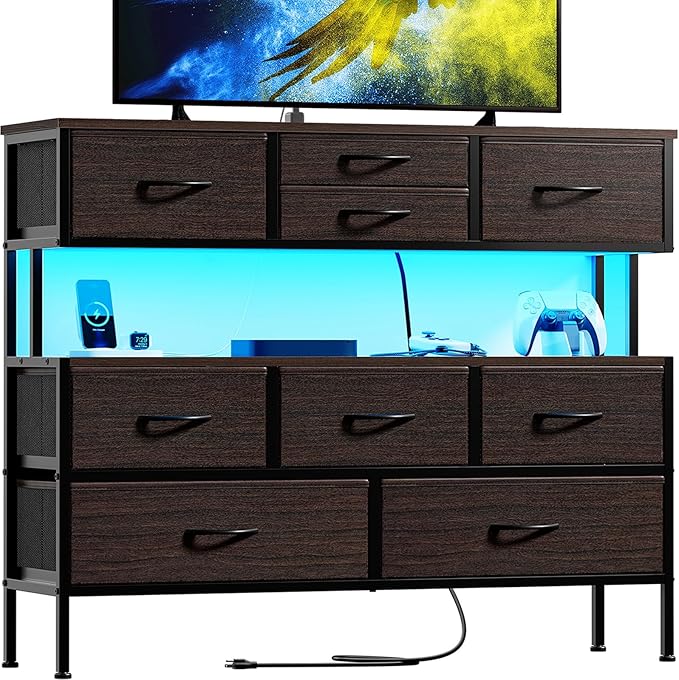 Dresser TV Stand with Charging Station and LED Lights, 55” TV Stand with 9 Drawers,