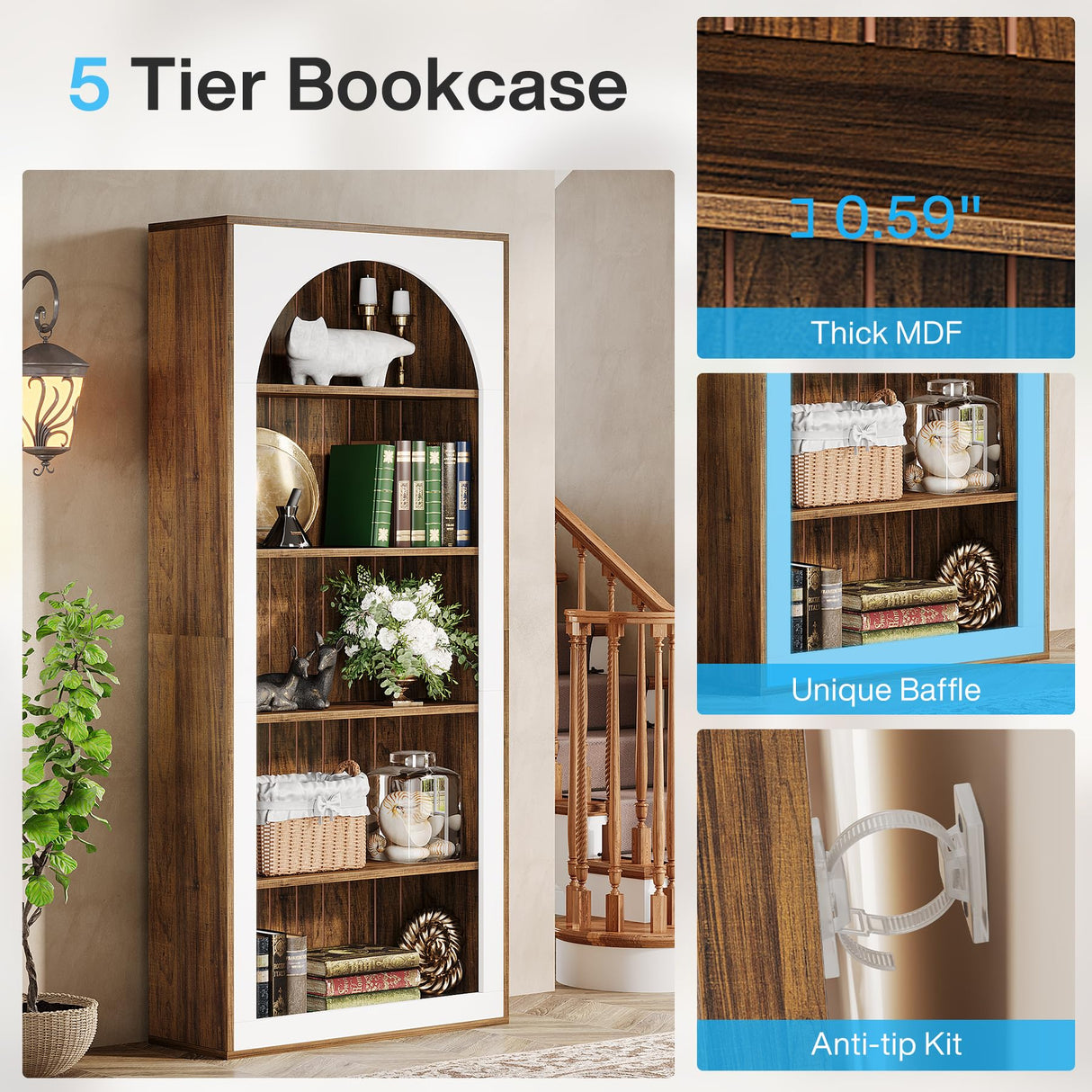 70.9" Tall Bookcase, 5-Tier Bookcases Bookshelves with Storage Shelve