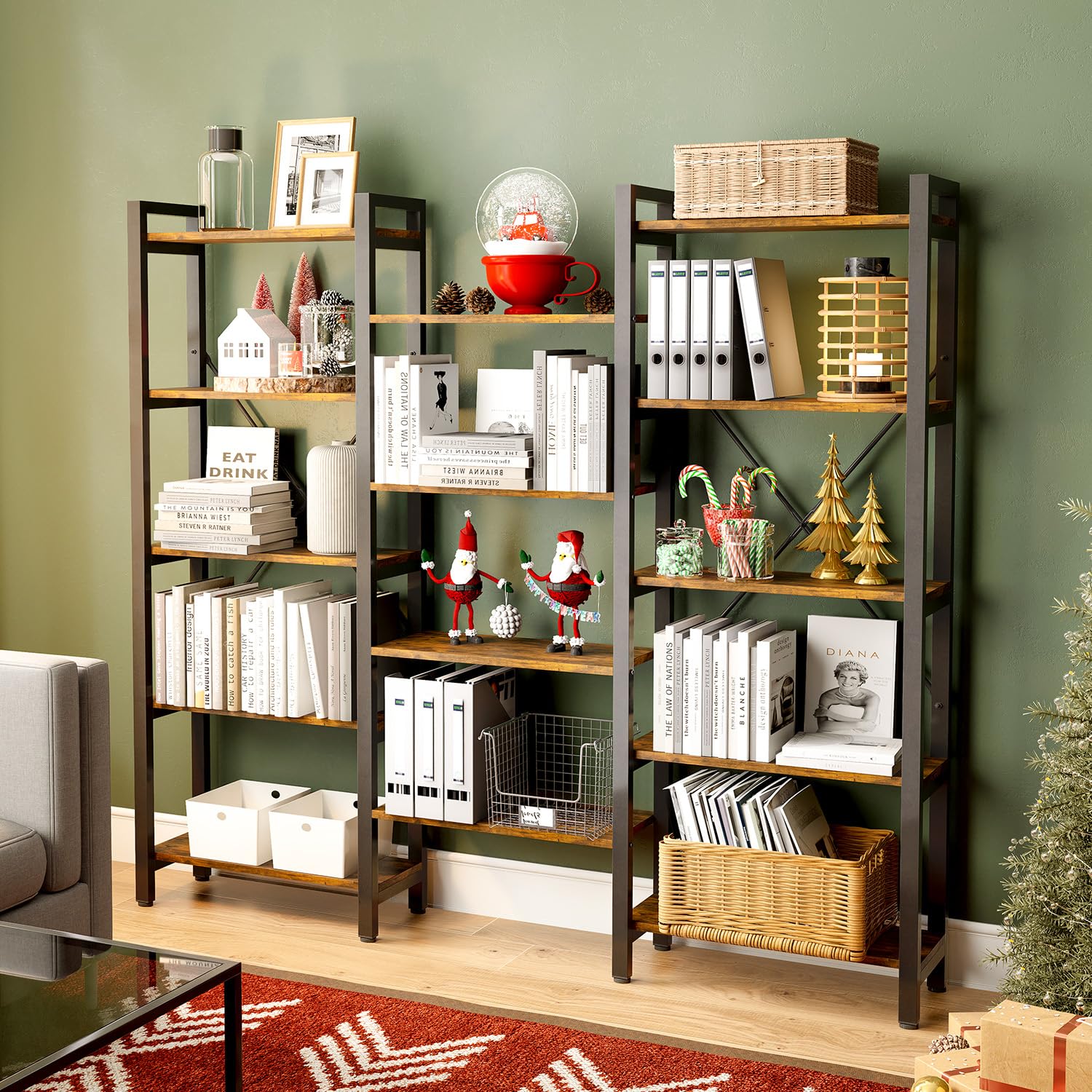 Wide 5-Shelves Corner Bookcase Industrial Vintage Wood Style Large Open Bookshelves for Home & Office (Brown, 5-Tier)