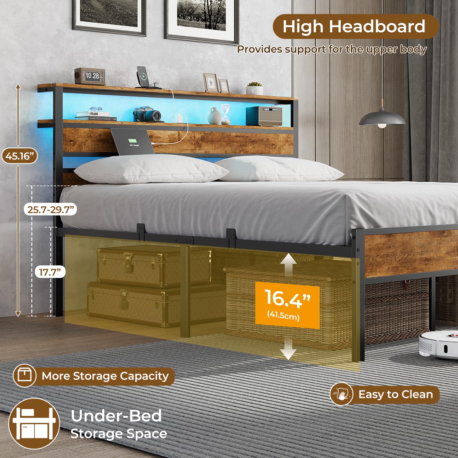 Full Bed Frame with LED Lights & Charging Station