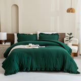 Dark Emerald Green Comforter Set Queen, 3 Pieces Solid Ruffle Farmhouse Bedding Set