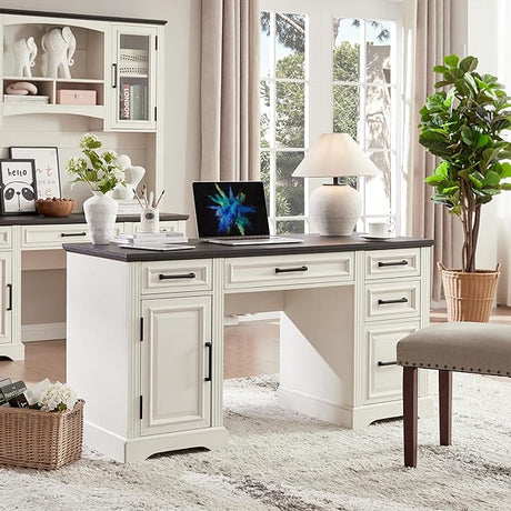 Farmhouse 76" Height Computer Desk with Hutch, Office Desk with Charging Station, Drawers and Storage Cabinet, Workstation for Office Home, Off White