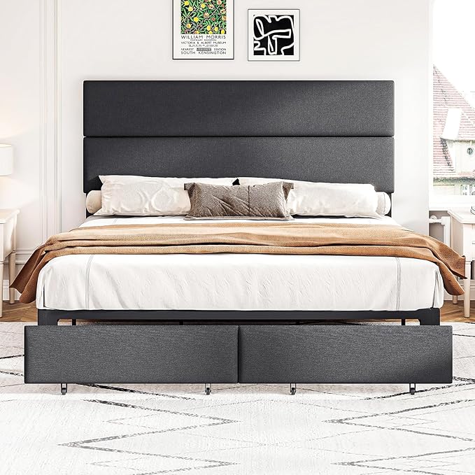 Queen Bed Frame with 2 Storage Drawers and Adjustable Headboard, Upholstered Bed