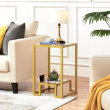 Glass Side Table, Tempered Glass Gold End Table with Shelf and Sturdy Metal Frame