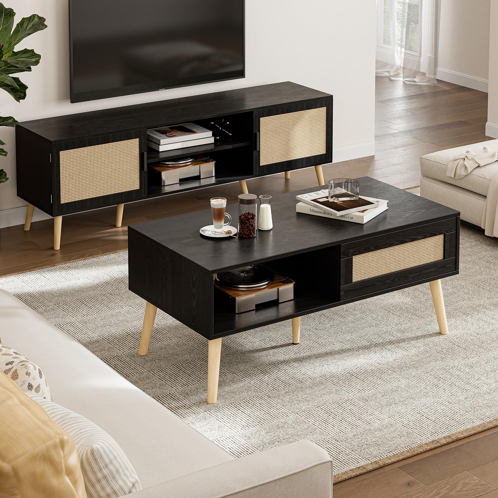 Coffee Table with Storage, Boho Dining Table with Sliding Rattan Door Panel