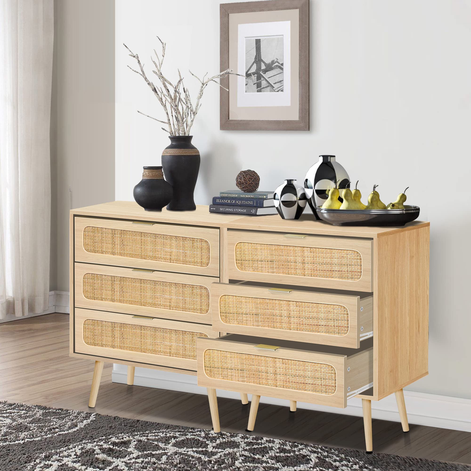 2 Sets of Rattan Nightstand Dresser Chest of 3 Drawers