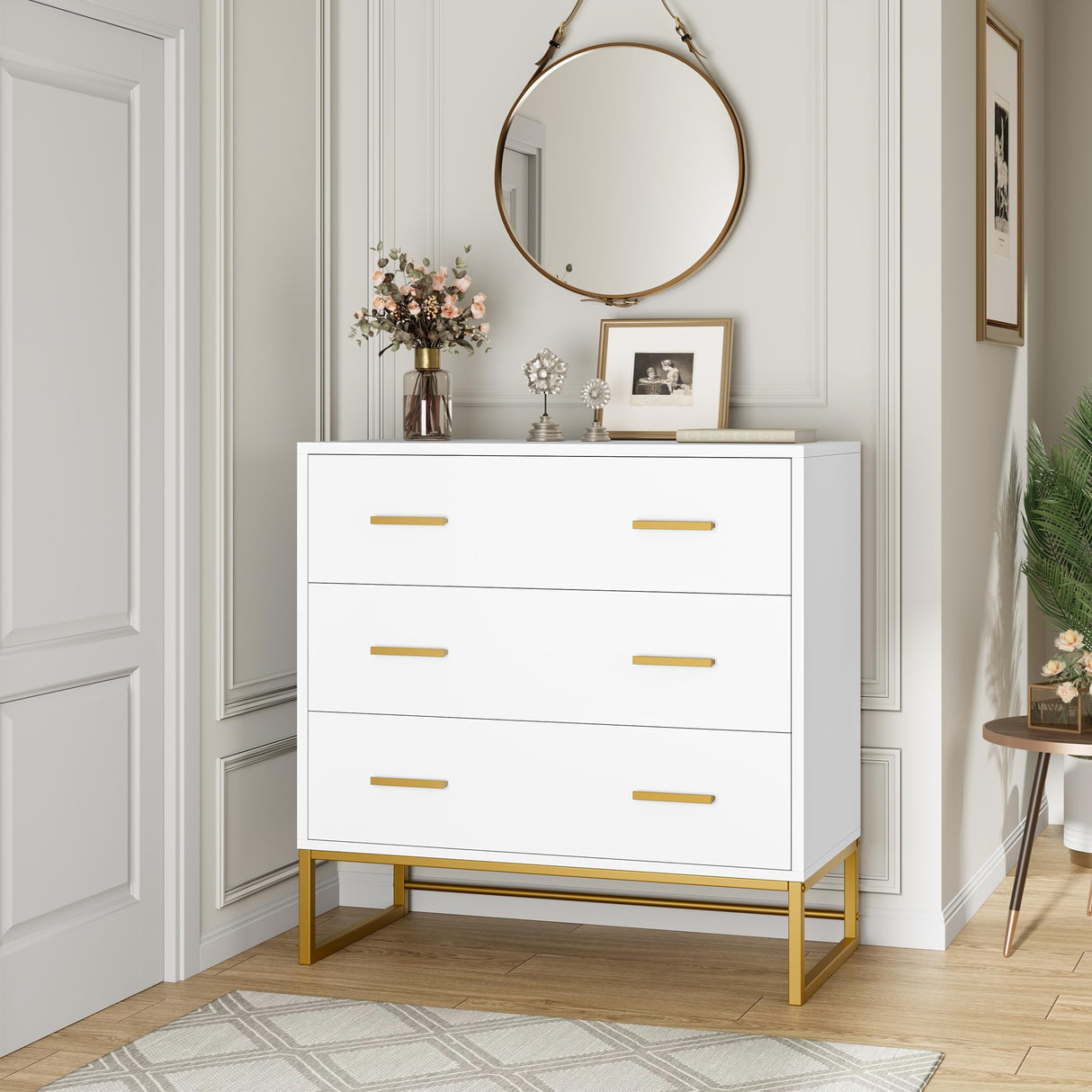 FOTOSOK White Dresser with 3 Drawers, White Gold Dresser with Metal Handle and Frame, 3 Drawer Dresser Small Dresser for Home Office, 31.4L x 15.3W x 31.8H