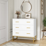 White Dresser with 3 Drawers, White Gold Dresser with Metal Handle and Frame