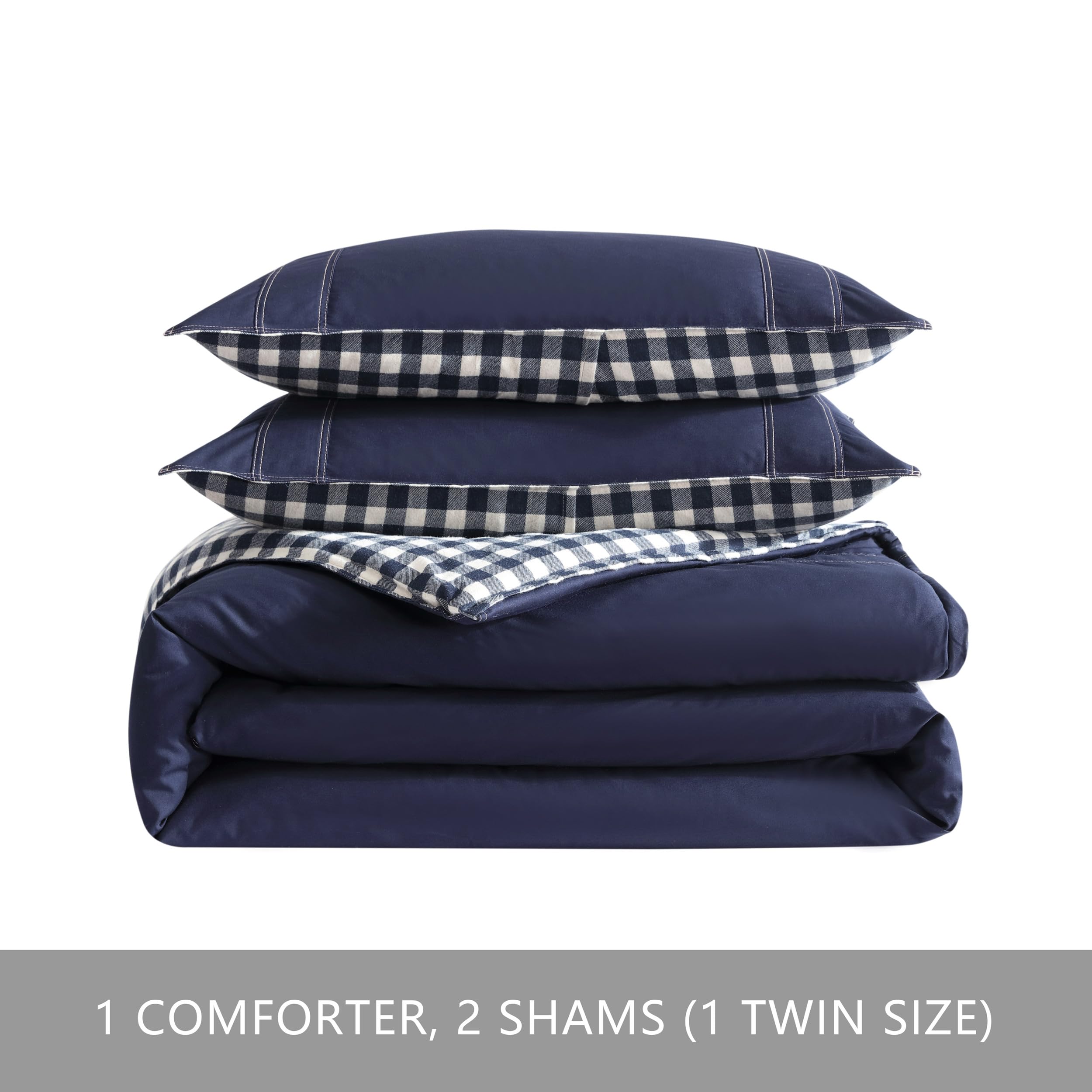 King Comforter Set, Reversible Cotton Bedding with Matching Shams, Pre-Washed for Added Softness (Kingston Navy, King)