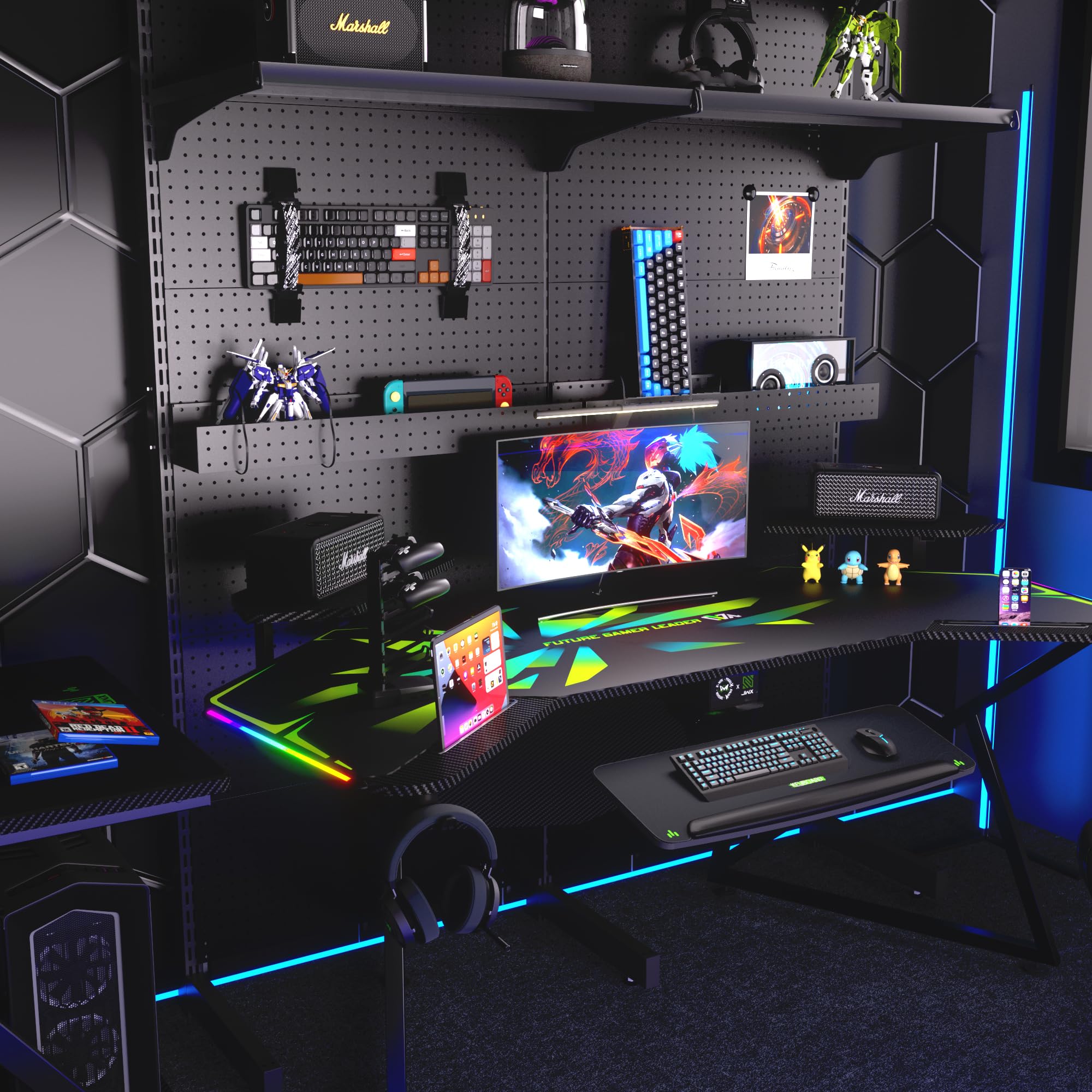 Gaming Desk with Removable Speaker Stand, 72'' Large Studio Wing-Shaped Gaming