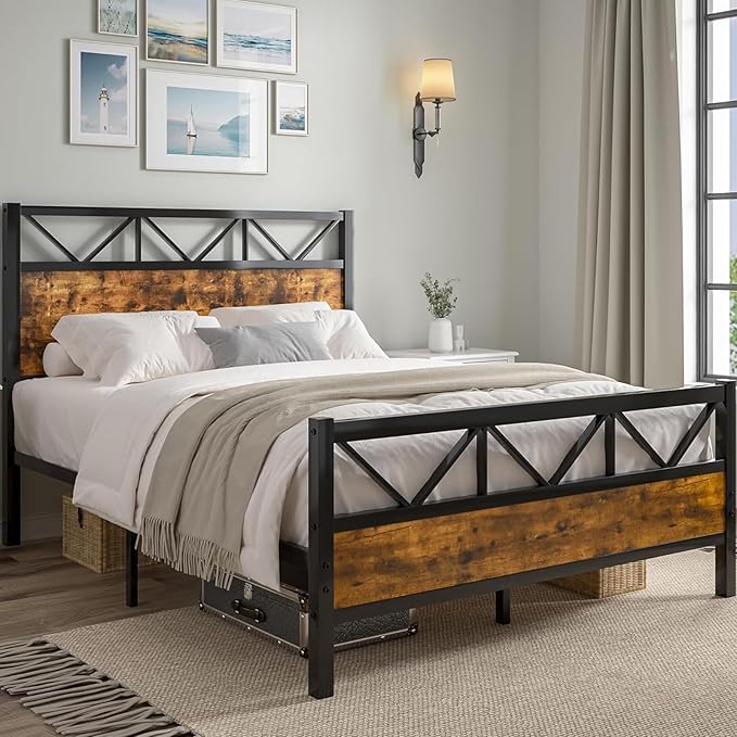 Industrial 51.2" Tall Headboard, King Platform Bed Frame with Heavy Duty Metal
