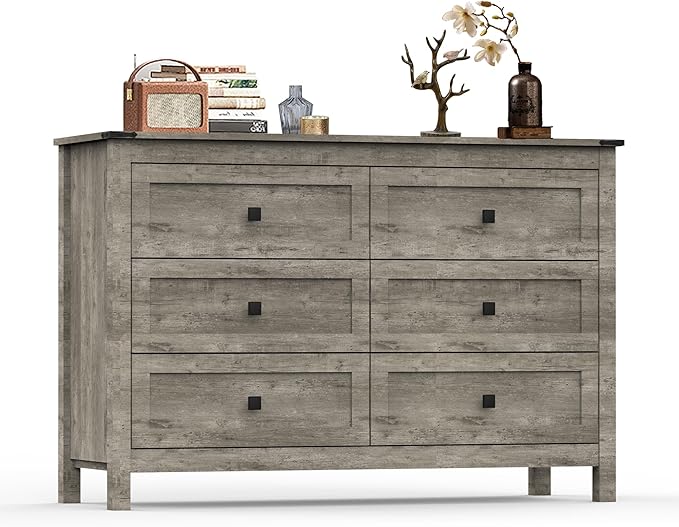 Farmhouse Bedroom Furniture Set, Rustic Wood Double Dresser Chest of Drawers. 6-Drawer Chest of Drawers Wide Storage Organizer Cabinet for Bedroom, Living Room, 1pc Dresser+2pcs Nightstands