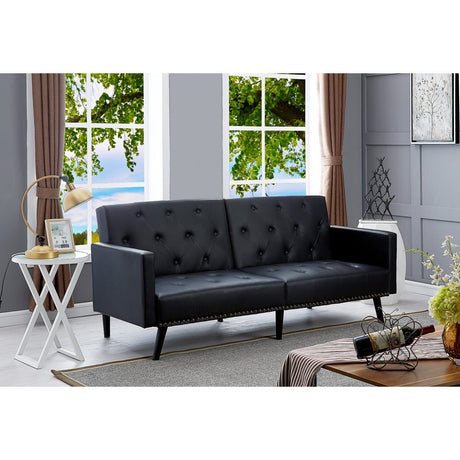 Black Futon Sofa Bed, Faux Leather Futon Couch with Armrest, Black Sofa Bed Couch