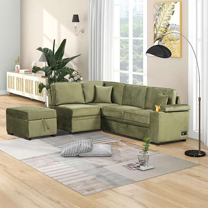 L-Shape Sectional Sofa Set, Modern 6-seat Velvet Fabric Couch