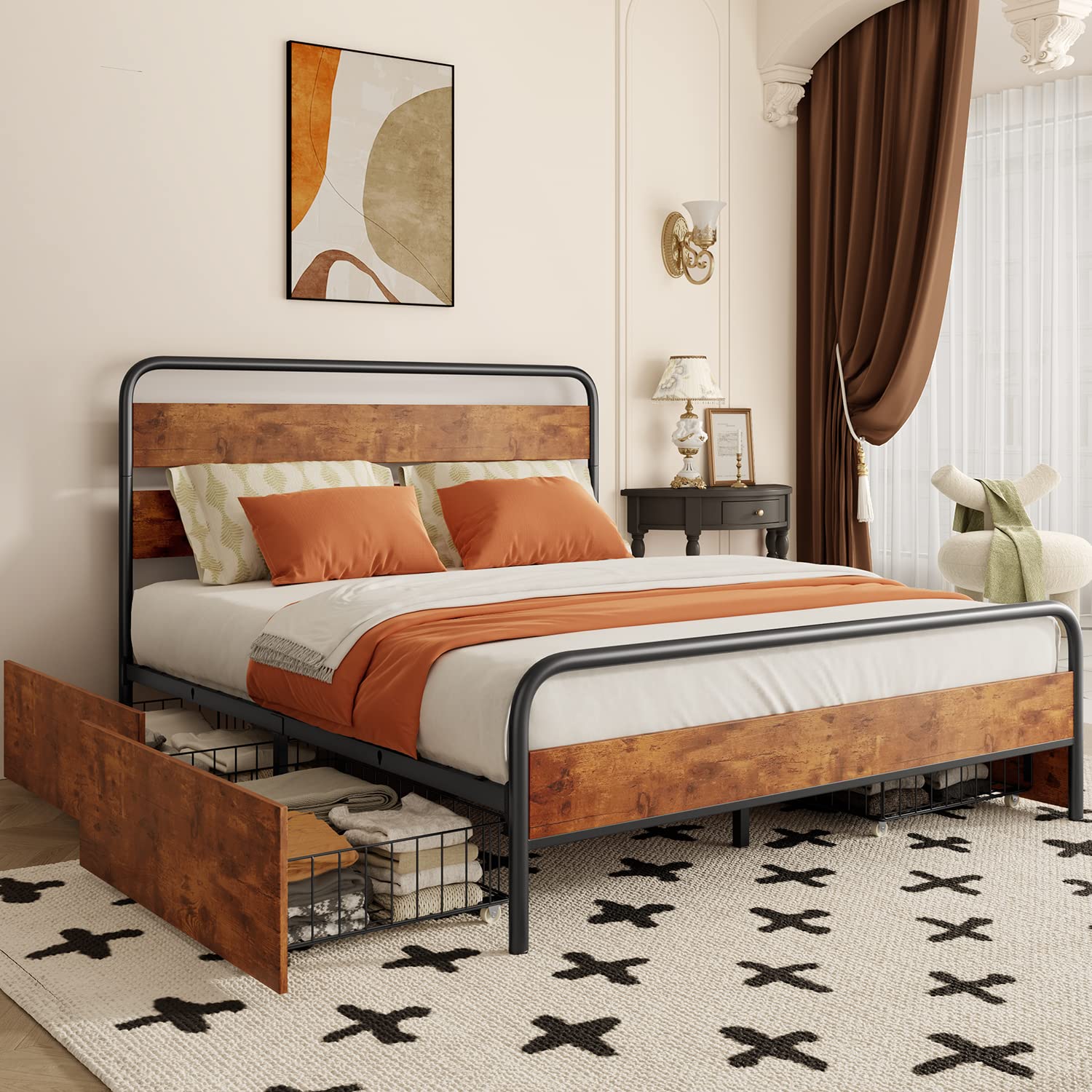 Queen Size Bed Frame with Storage Drawers, Metal Slat Supports, Sturdy and Stable