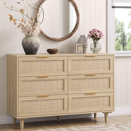 Sar Rattan Dresser for Bedroom, 6 Drawer Wide Dresser, Boho&Farmhouse Chest of