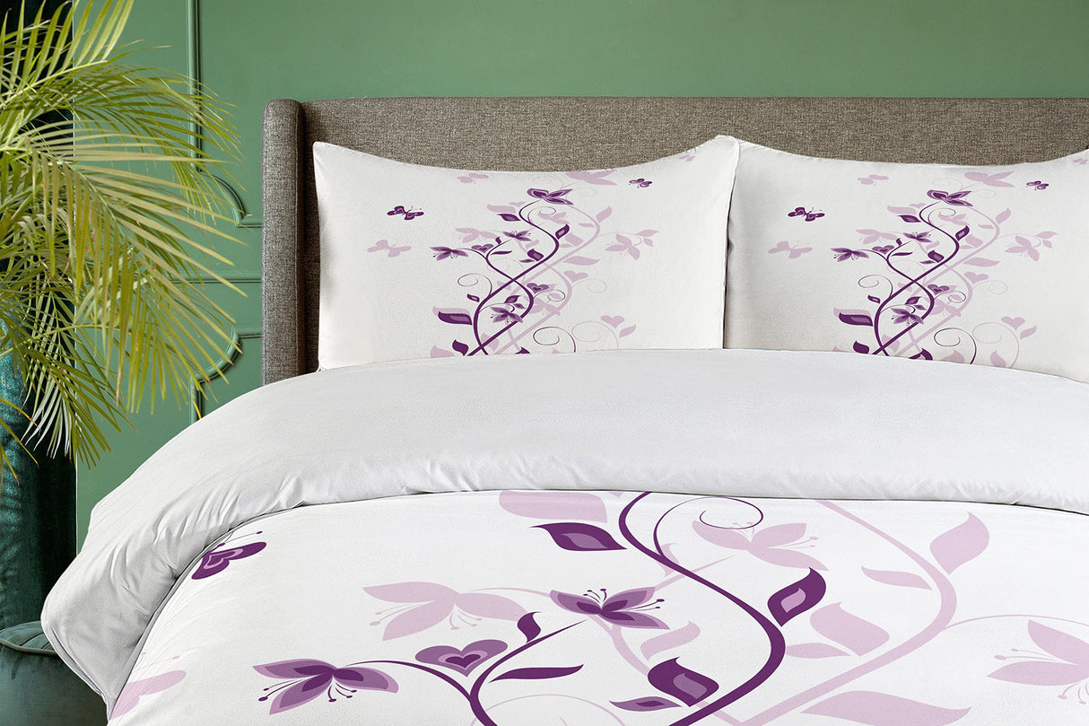 Spring Duvet Cover Set, Violet Tree Swirling Lilac Blooms with Butterfly Ornamental