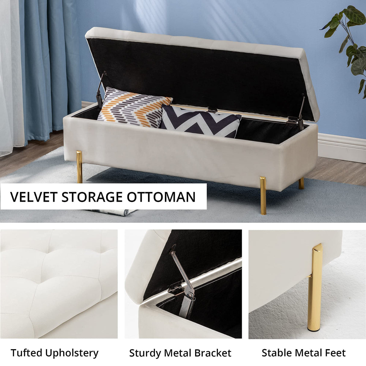 Velvet Storage Bench, Modern Bedroom Bench, Upholstered Tufted Large Settee Ottoman with Storage Bench for Bedroom,Living Room,Entryway, Ivory