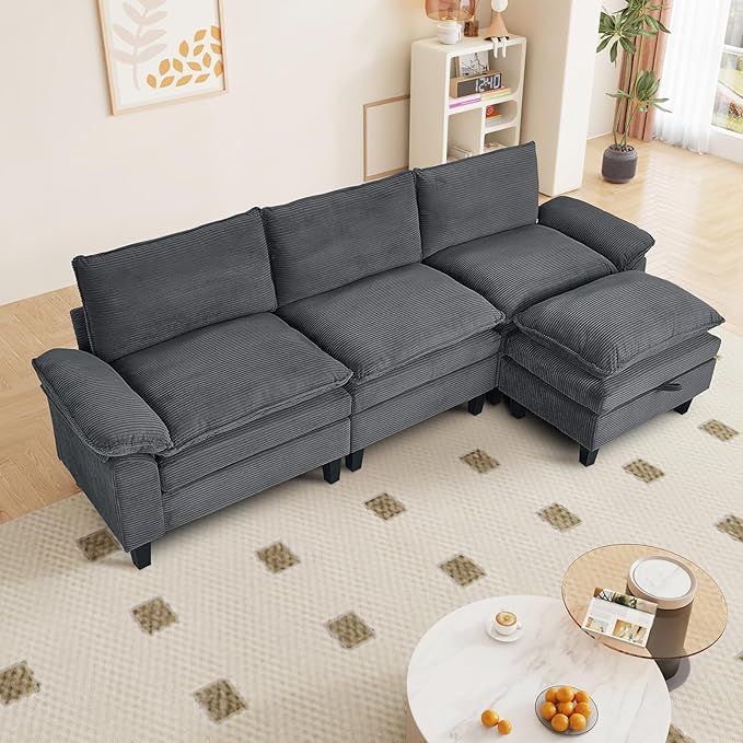 L Shaped Modular Sectional Sofa, 118" Corduroy Cloud Sectional Couch