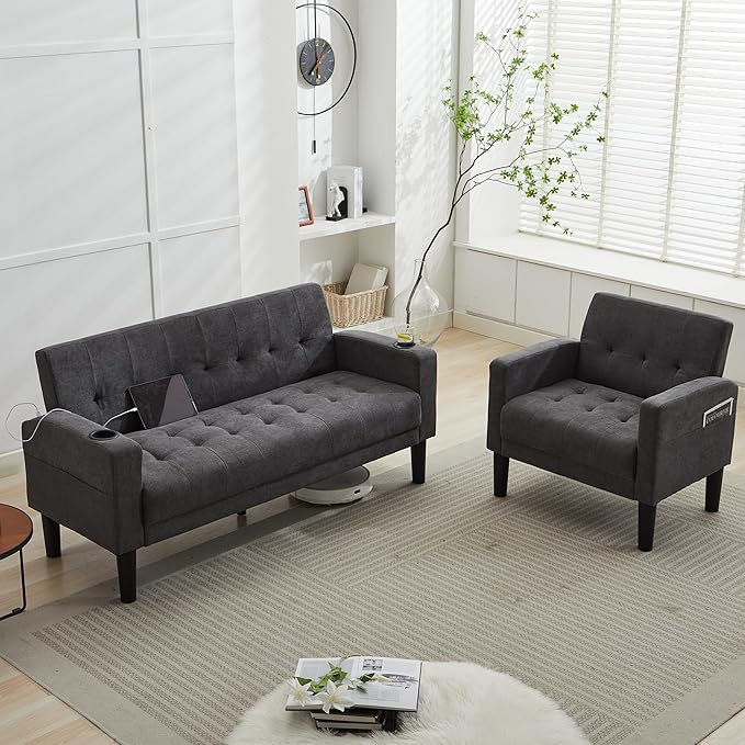 Sofa Couch 62" W Loveseat w/ 2 USB Charger Ports & 2 Cupholder