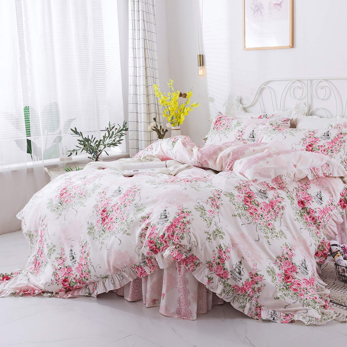 Duvet Cover Set Queen Elegant and Shabby Pink Rosette Floral Bedding