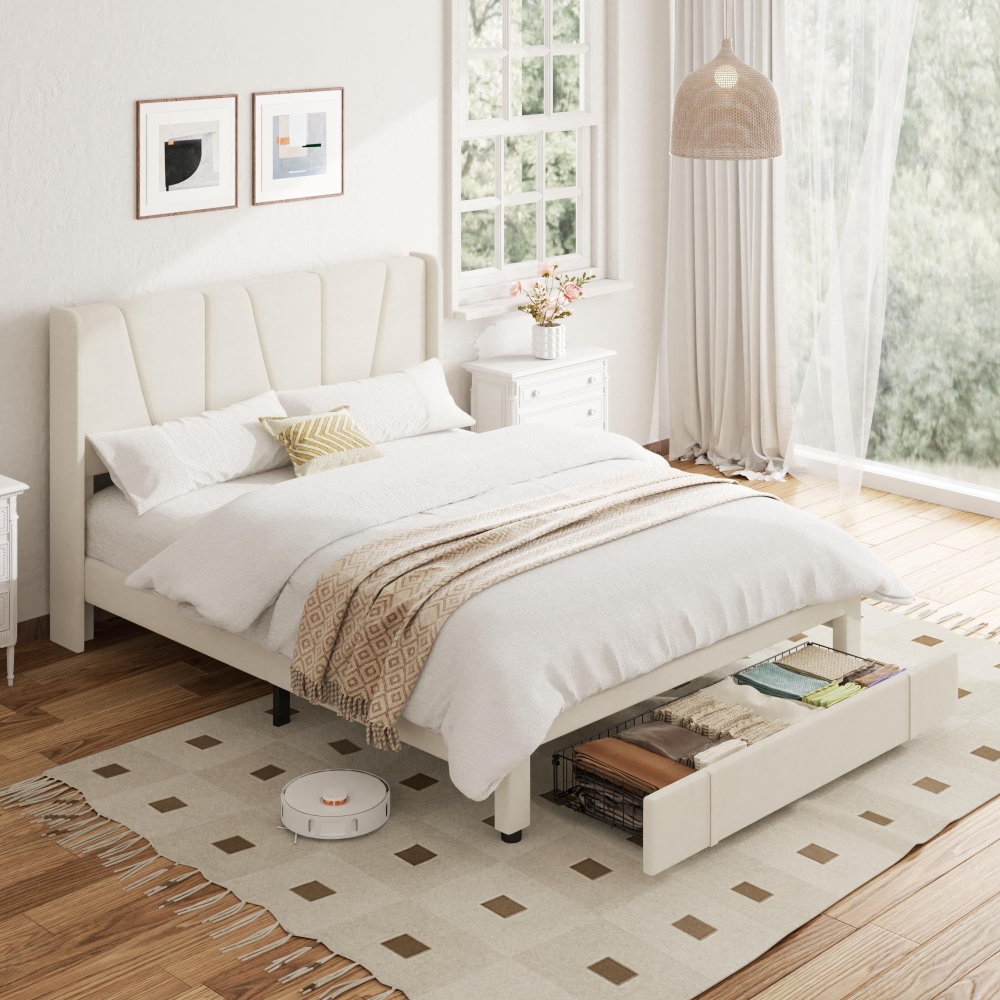 SwnftWinnt Full Bed Frame with Storage Drawers, Upholstered Platform Bed with Wingback Headboard, Solid Wooden Slats Support, Easy Assembly, No Box Spring Needed, Beige