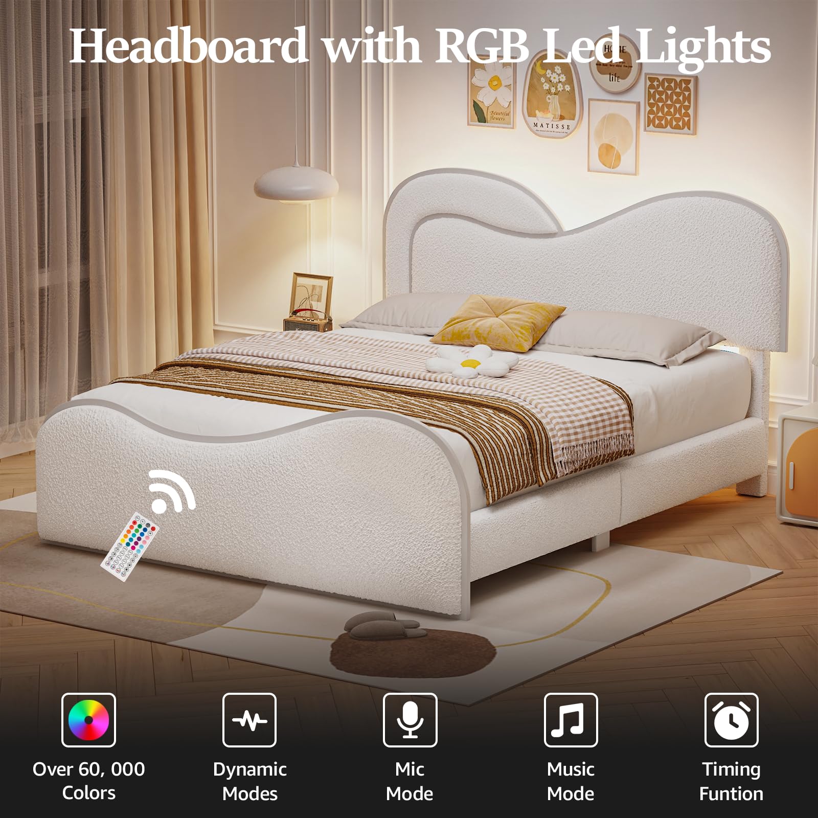 Full Platform Bed Frame with Heart Headboard & LED Lights