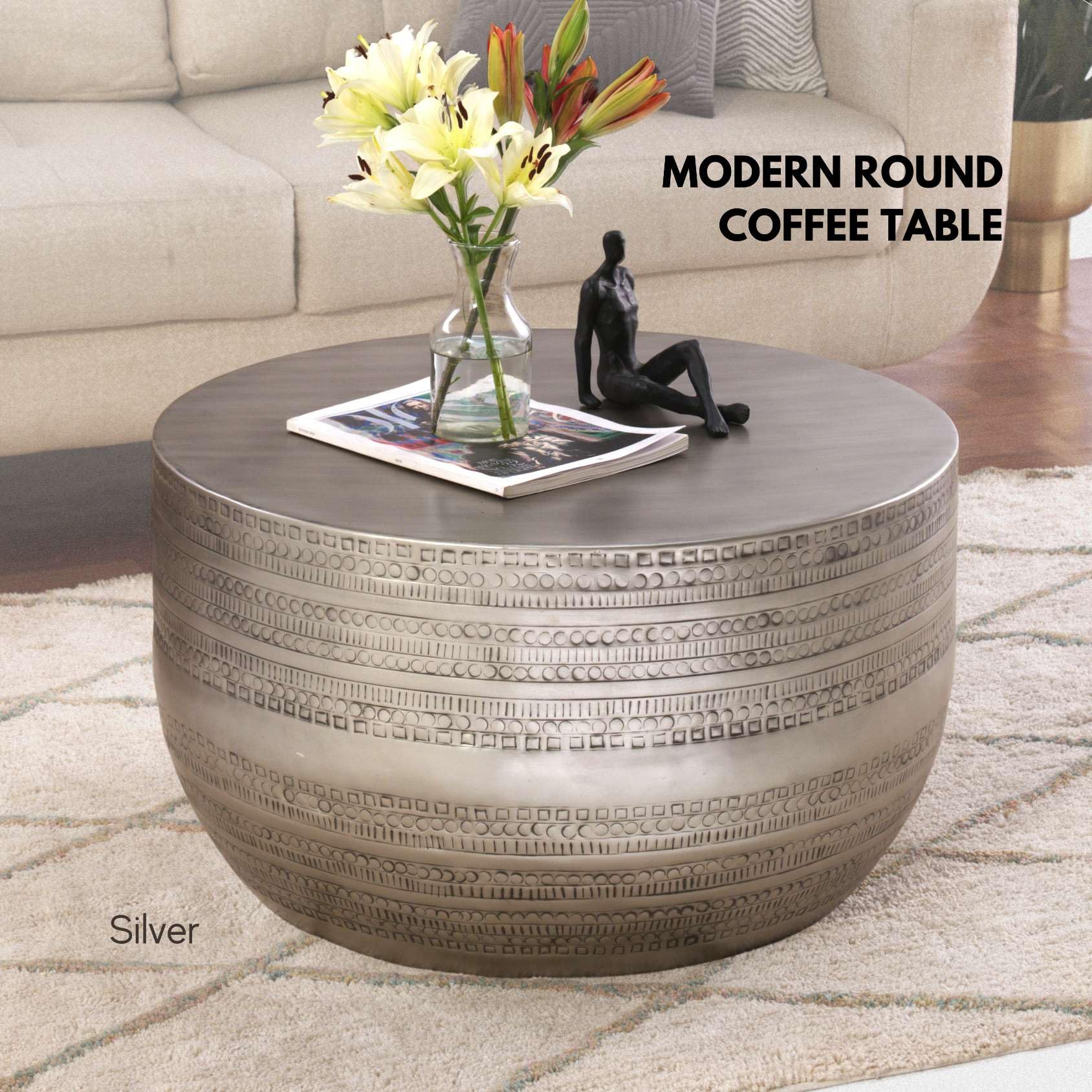Modern Round Aluminum Hammered Embossed Texturing Metal Drum Coffee Table
