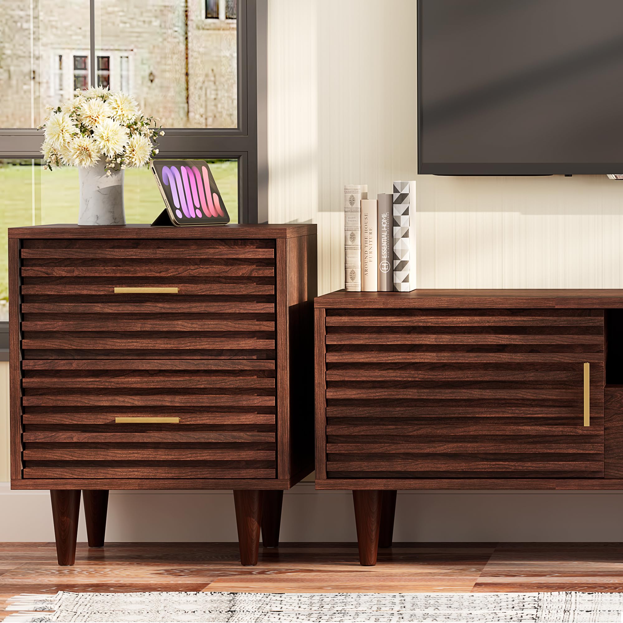 Night Stands, Fluted Bedside Table with Drawer, Mid Century Modern Nightstand, End Table Bed Side Tables for Bedroom, Accent Tables with Wood Legs, Brown 1pc