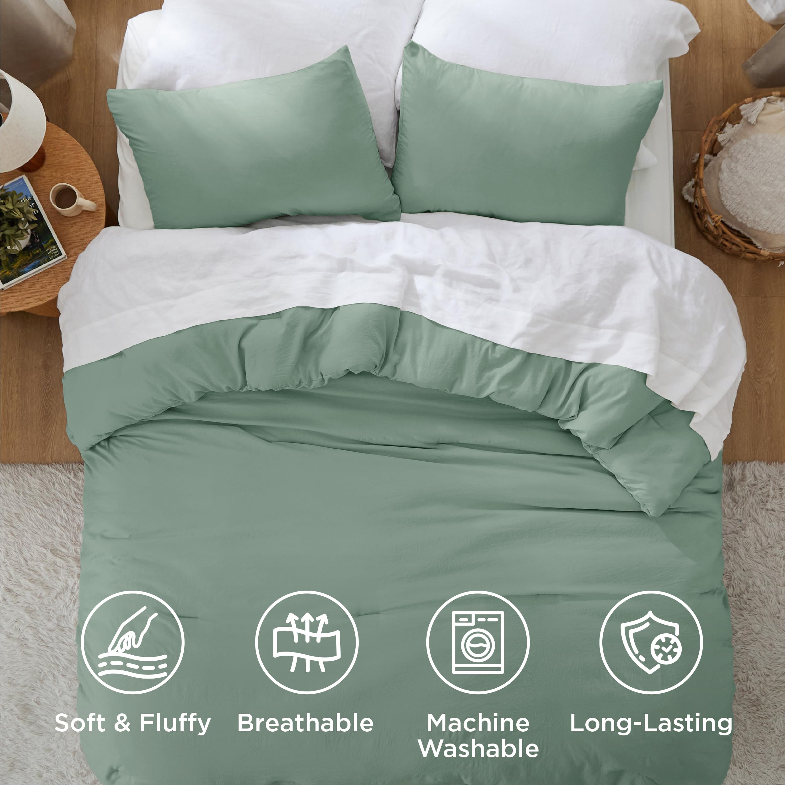 Full Size Comforter Set - Sage Green Prewashed Bedding (3 Pieces)