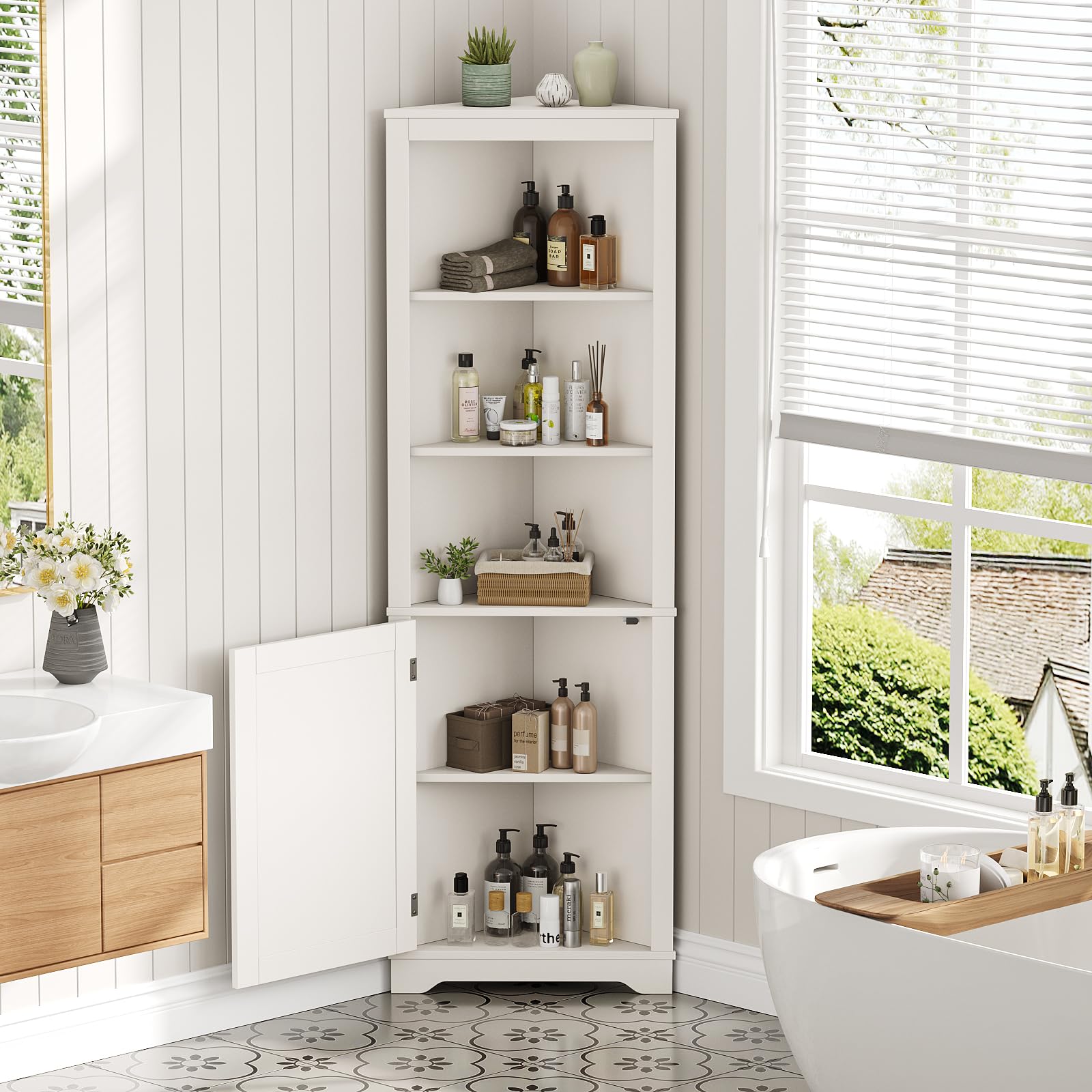 64" Tall Corner Storage Cabinet, 5-Tier Farmhouse Corner Cabinet with Barn Door andAdjustable