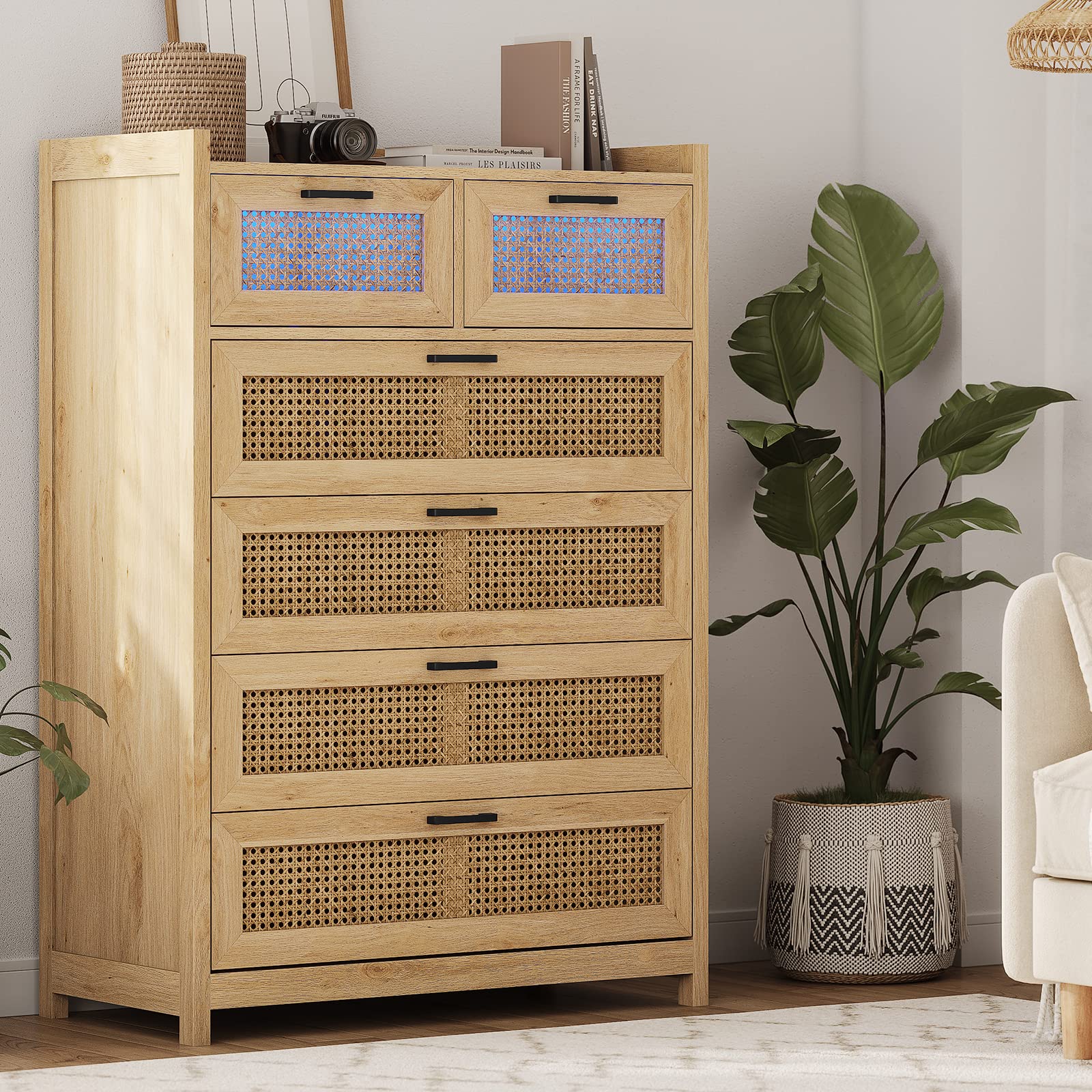 6 Drawer Dresser for Bedroom, Natural Rattan Wood Dressers with Led Light,