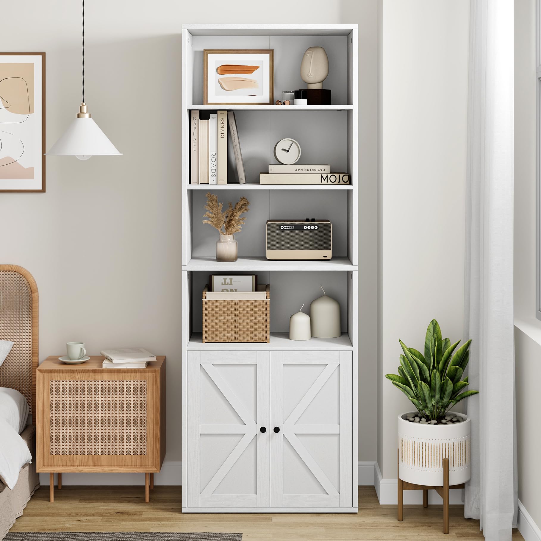 Bookcase with Doors Industrial Bookshelf 11.8in Depth Display Storage Shelves 71.4in