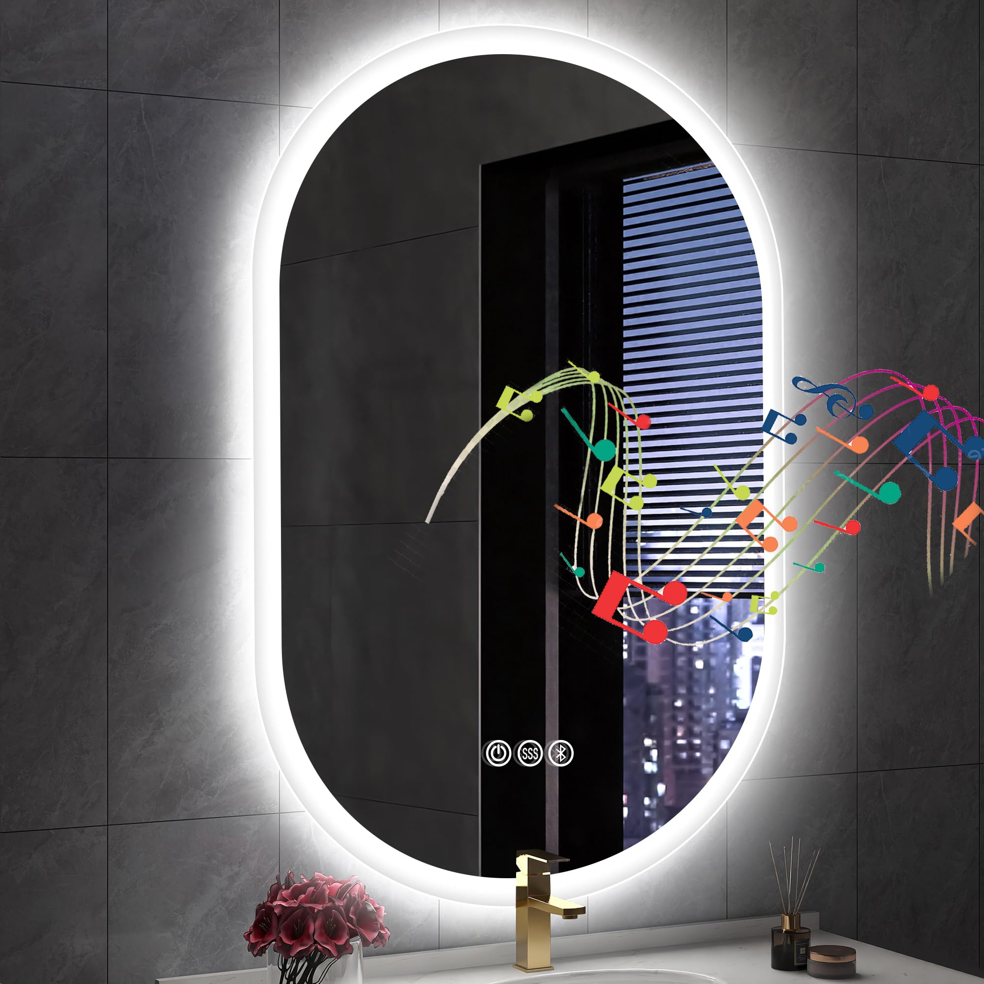 S'bagno 24x36 Oval LED Bathroom Mirror with Lights, Anti-Fog, Bluetooth Speaker