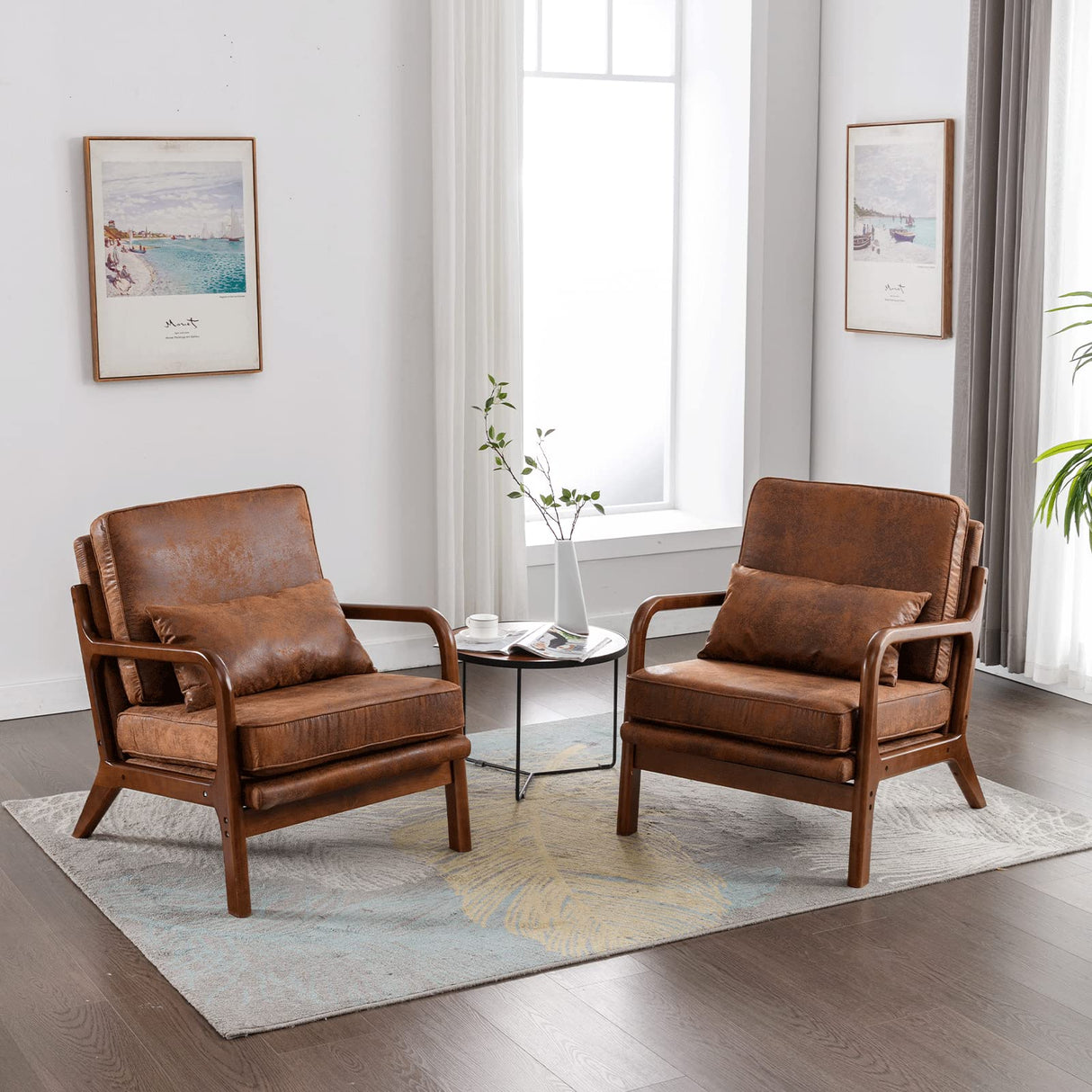 Modern Accent Chair Set of 2 Living Room- Comfy Solid Wood Arm Chair with Lumber Pillow Lounge Decorative Brown Leather Office Side Chair Bedroom Reading Nook Sillas De Sala Microfiber