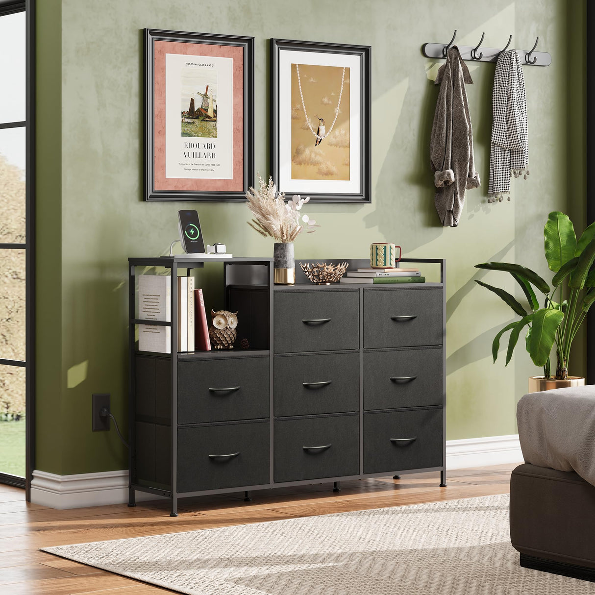 Black Dresser TV Stand for Bedroom with Charging Station, Wide Storage Chest of Drawers