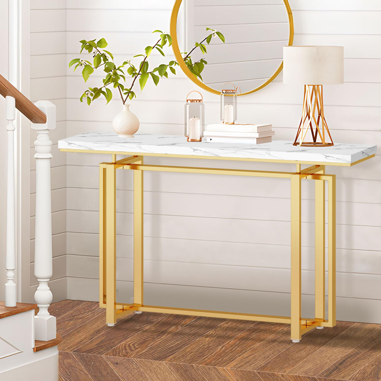 55’’ Gold Console Table, Marble Pattern Top Entry Table, Sofa Table with Gold Metal Leg